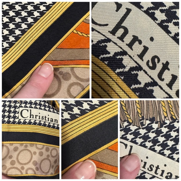 Christian Dior AUTHENTIC Herringbone Logo Vintage Silk Scarf Navy Orange Cream - Picture 12 of 16